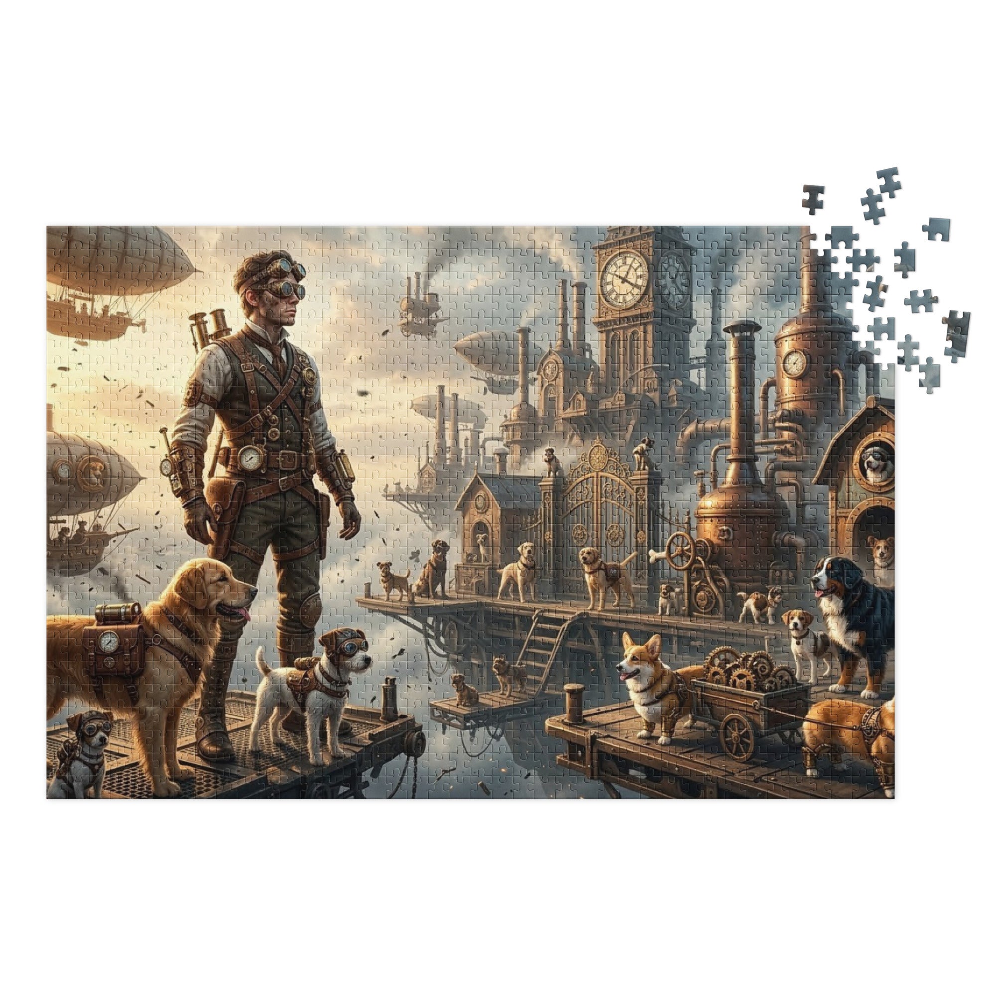 Dog Heaven Jigsaw Puzzle in Tin - Surreal steampunk cityscape with explorer and various dog breeds on floating platforms.