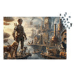 Dog Heaven Jigsaw Puzzle in Tin - Surreal steampunk cityscape with explorer and various dog breeds on floating platforms.