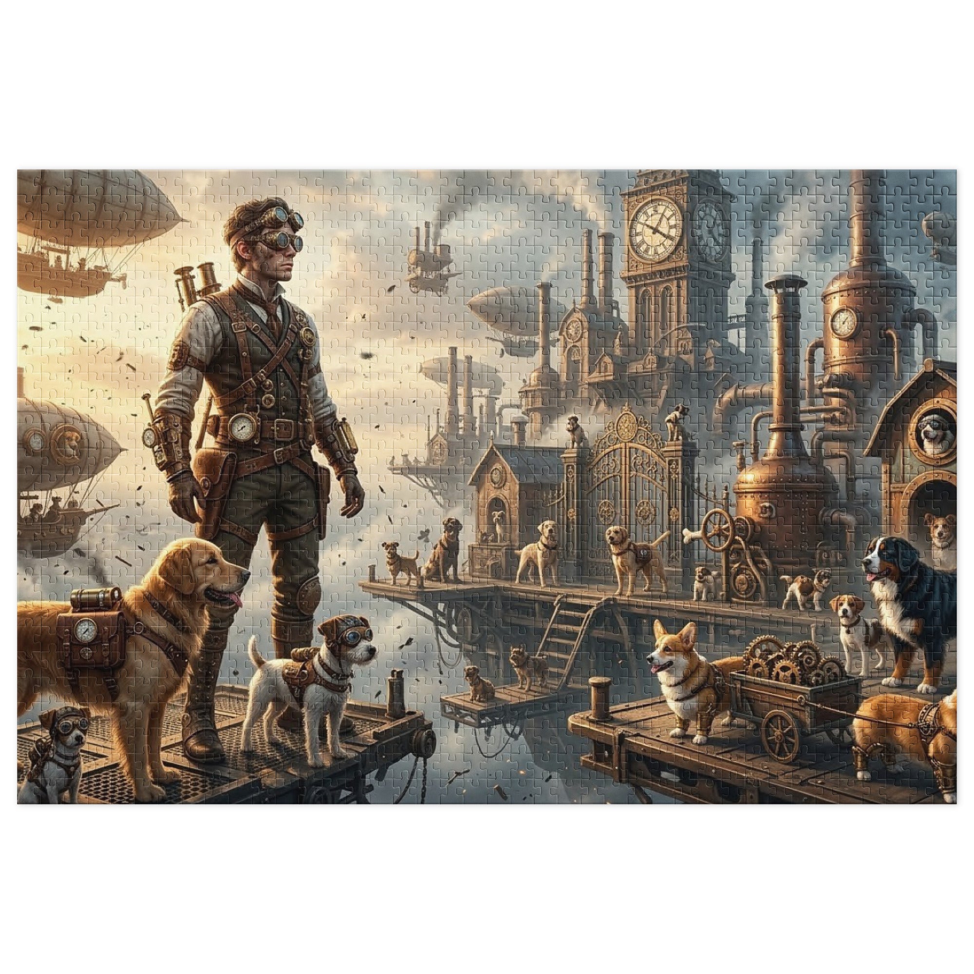 Dog Heaven Jigsaw Puzzle in Tin featuring a steampunk world above the clouds with a lone explorer and various dogs on floating platforms.