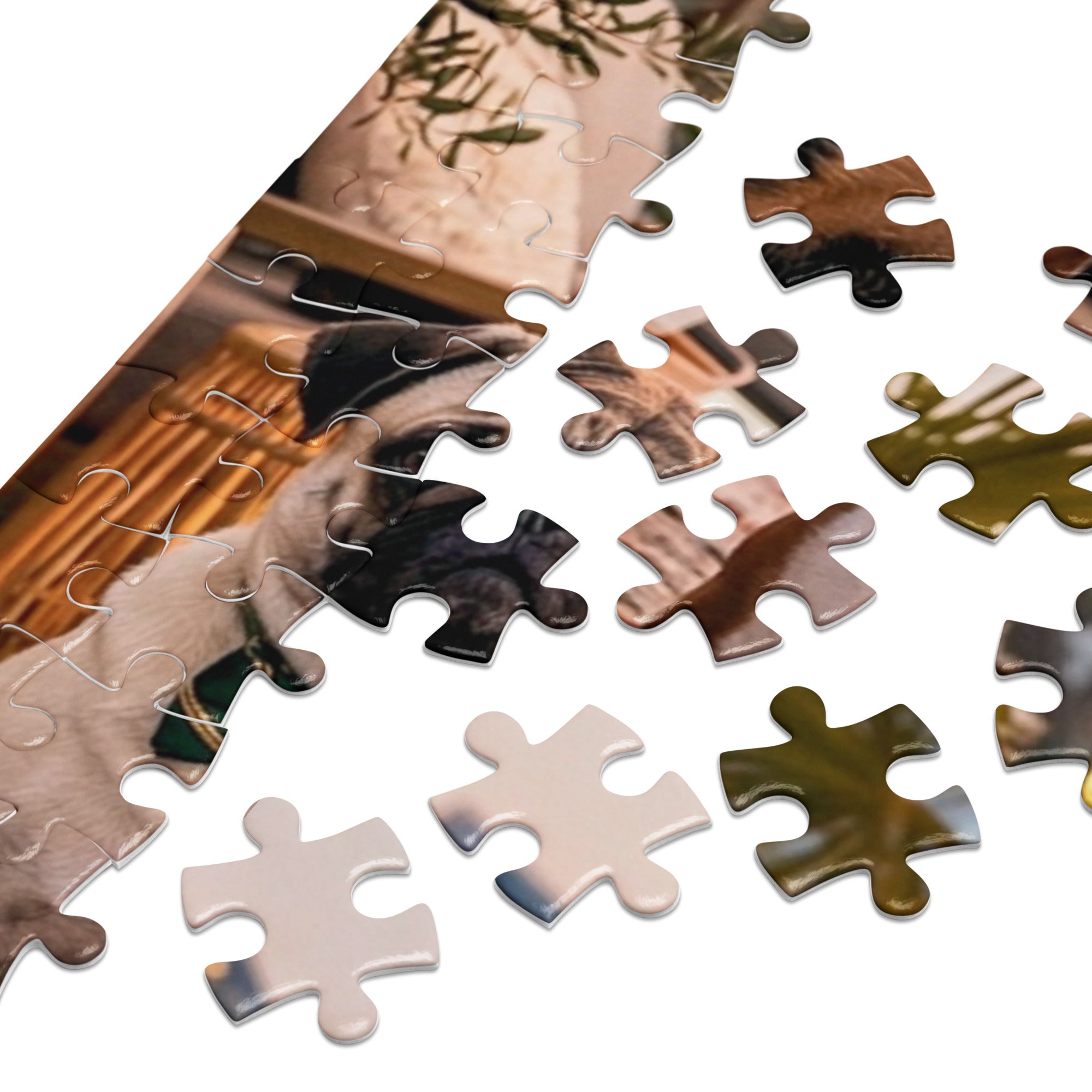 Pug, German Shepherd, Whippet, Basset Hound & Poodle Jigsaw Puzzle in Tin partially assembled on table