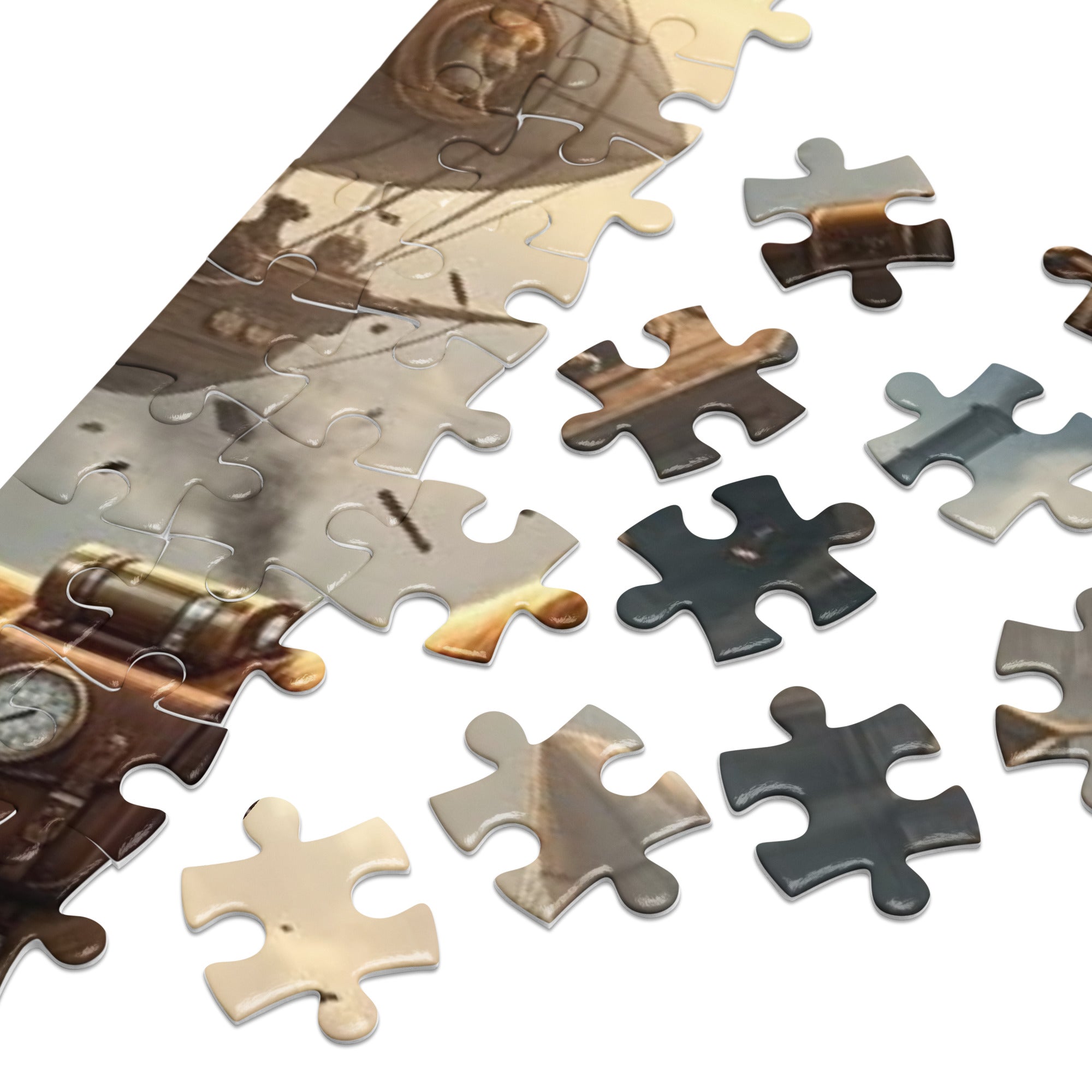Close-up of Dog Heaven Jigsaw Puzzle in Tin showcasing steampunk airship and whimsical design.