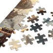 Close-up of Dog Heaven Jigsaw Puzzle in Tin showcasing steampunk airship and whimsical design.
