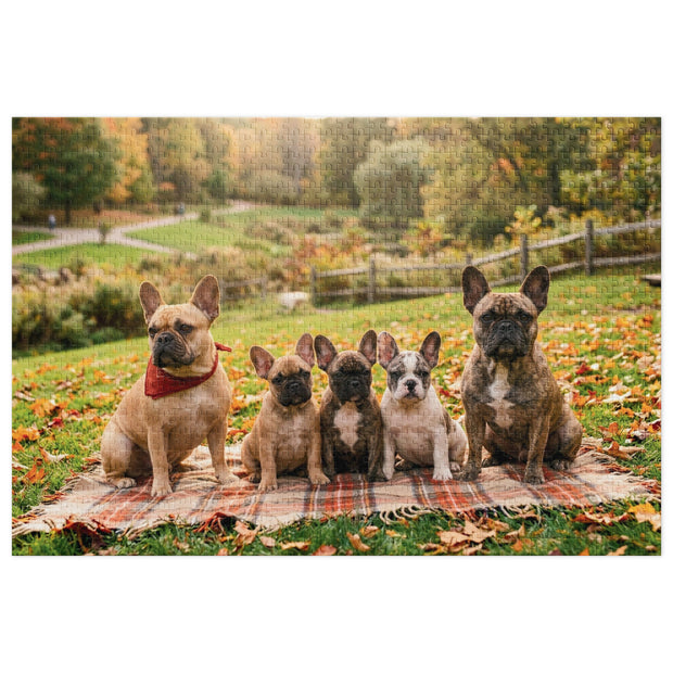 French Bulldog Family Autumn Jigsaw Puzzle in Tin with dogs on blanket in fall leaves