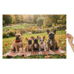 French Bulldog Family Autumn Jigsaw Puzzle in Tin with dogs on blanket in a park setting