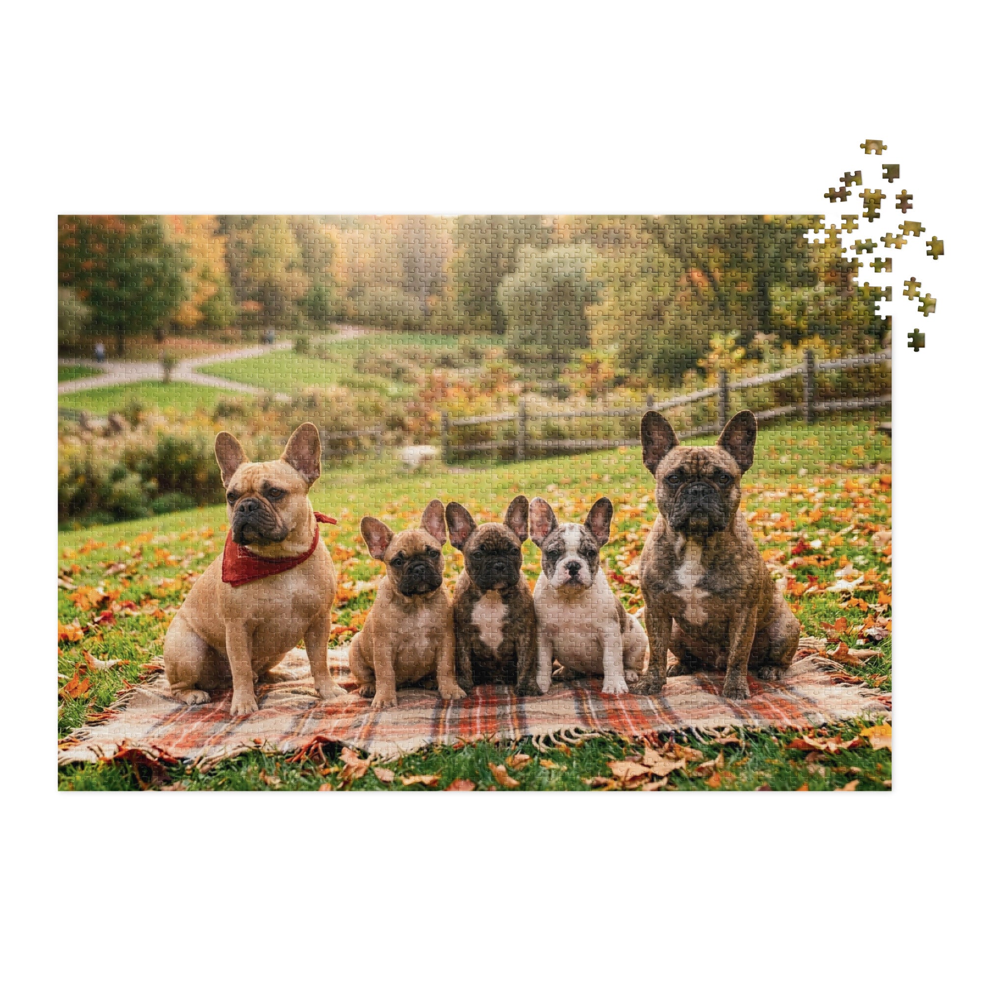 French Bulldog Family Autumn Jigsaw Puzzle in Tin depicting a bulldog family on a blanket in a scenic autumn park with fallen leaves.