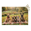 French Bulldog Family Autumn Jigsaw Puzzle in Tin depicting a bulldog family on a blanket in a scenic autumn park with fallen leaves.