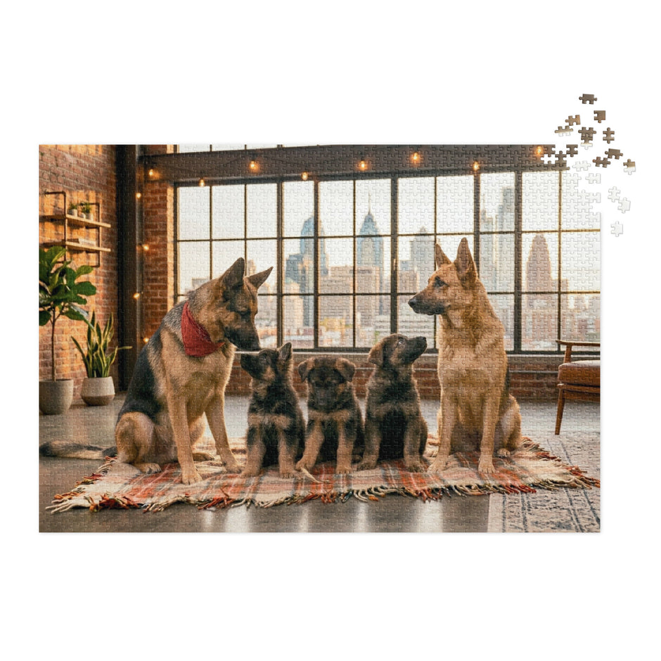 German Shepherd Family Loft Jigsaw Puzzle in Tin featuring a family of dogs in a cozy urban loft with city skyline backdrop.