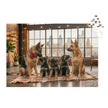 German Shepherd Family Loft Jigsaw Puzzle in Tin featuring a family of dogs in a cozy urban loft with city skyline backdrop.