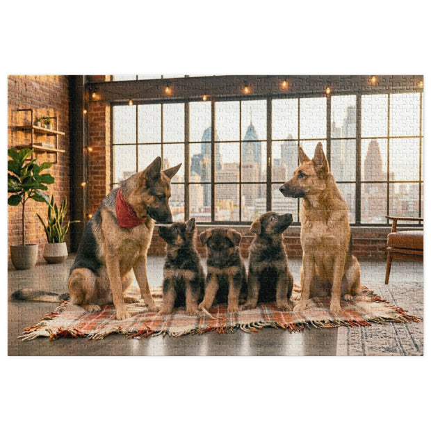 German Shepherd Family Loft Jigsaw Puzzle in Tin featuring dogs in a loft with city skyline