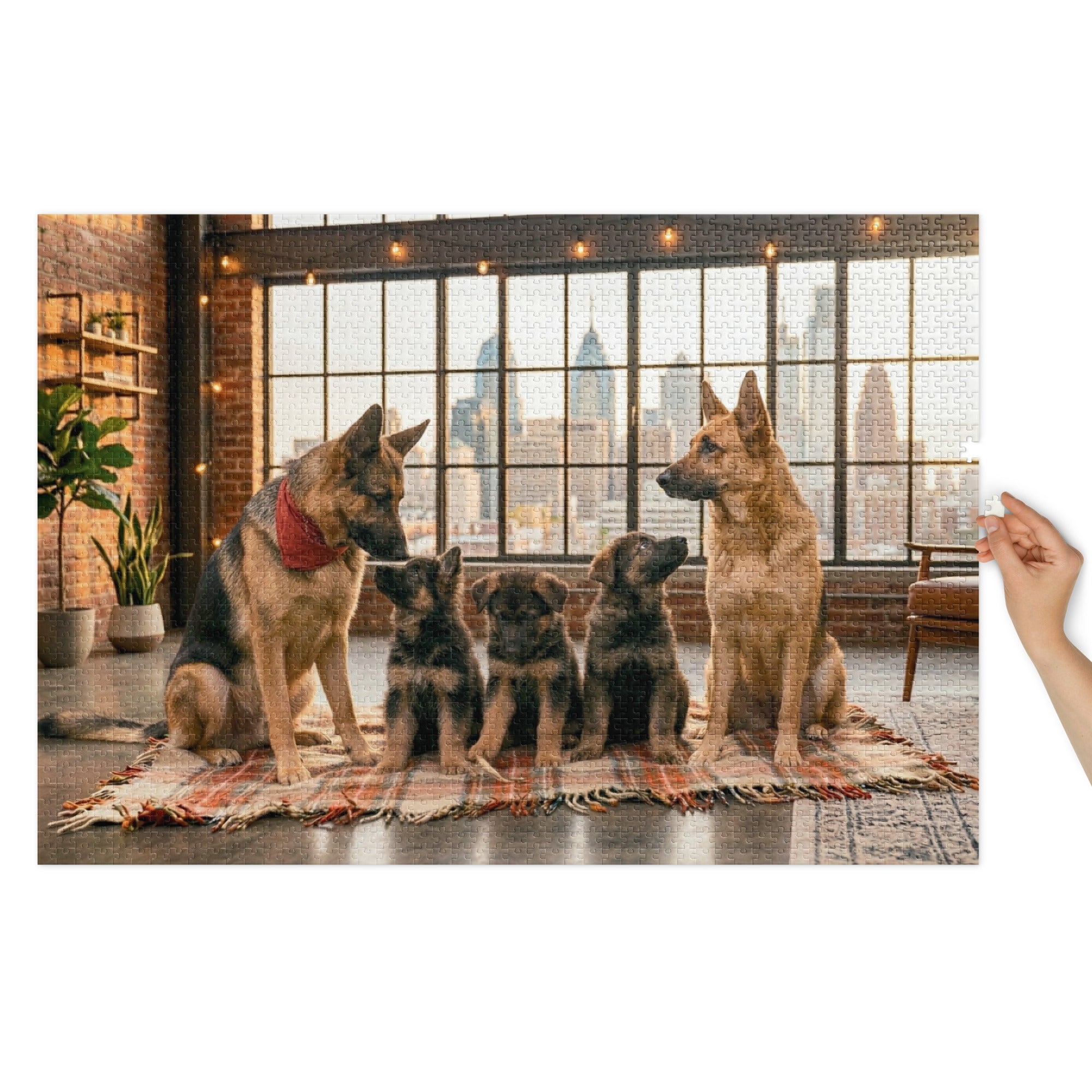 German Shepherd Family Loft Jigsaw Puzzle in Tin - cozy loft with dogs and puppies, city skyline, evening light.