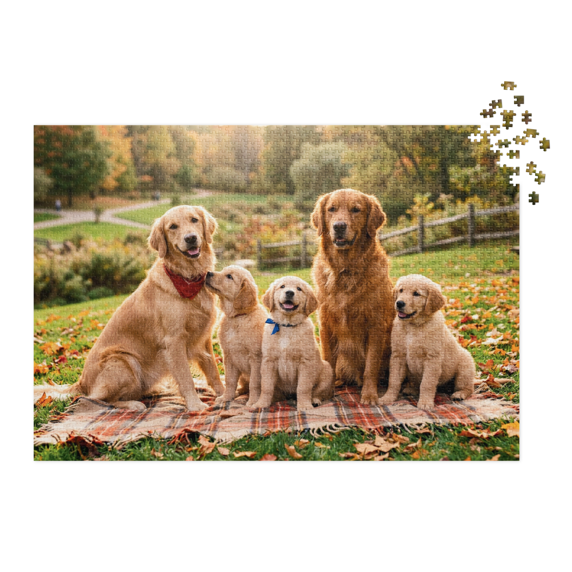Golden Retriever Family Autumn Jigsaw Puzzle in Tin featuring dogs on a blanket in a fall park setting.