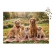 Golden Retriever Family Autumn Jigsaw Puzzle in Tin featuring dogs on a blanket in a fall park setting.