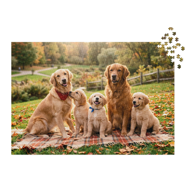 Golden Retriever Family Autumn Jigsaw Puzzle in Tin featuring dogs on a blanket in a fall park setting.