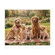 Golden Retriever Family Autumn Jigsaw Puzzle in Tin with adult and puppy dogs on a blanket surrounded by fall leaves in a park