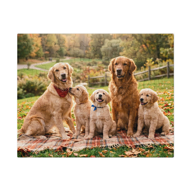 Golden Retriever Family Autumn Jigsaw Puzzle in Tin with adult and puppy dogs on a blanket surrounded by fall leaves in a park