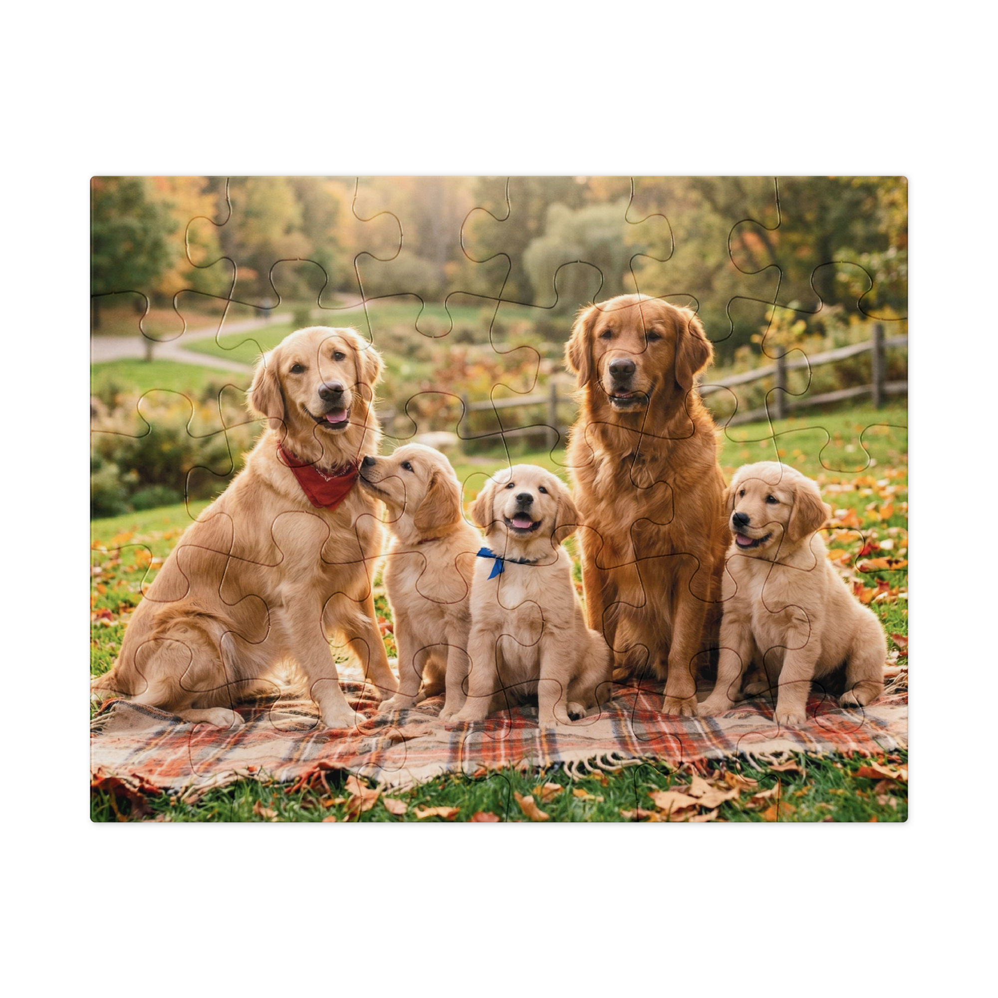 Golden Retriever Family Autumn Jigsaw Puzzle in Tin featuring two adults and three playful puppies on a blanket with autumn leaves.