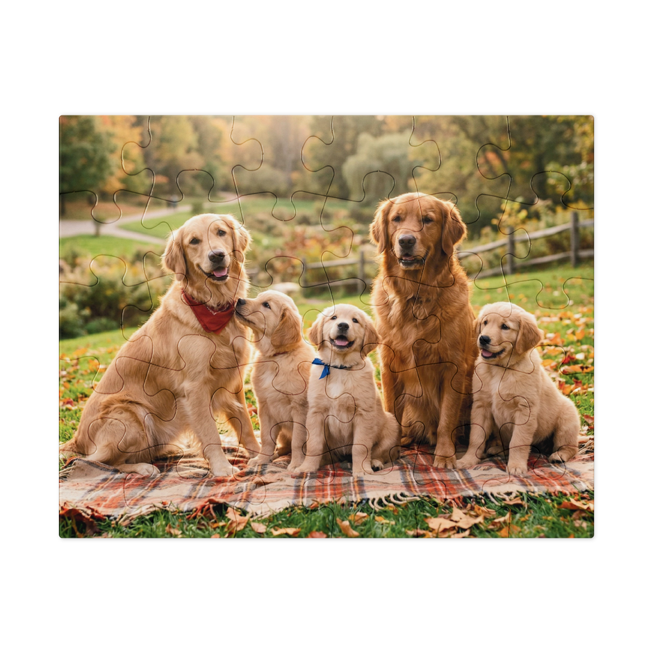 Golden Retriever Family Autumn Jigsaw Puzzle in Tin featuring two adults and three playful puppies on a blanket with autumn leaves.