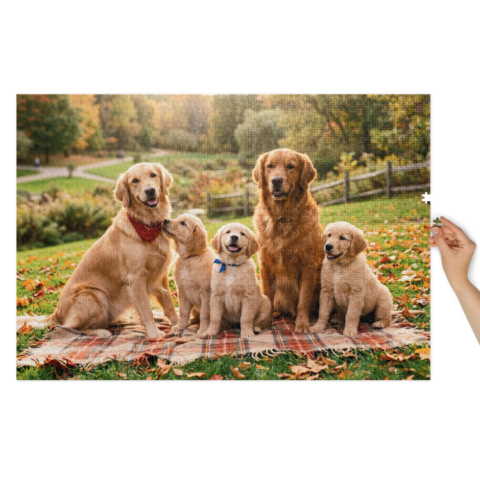 Golden Retriever Family Autumn Jigsaw Puzzle in Tin featuring dogs on blanket in park with colorful autumn leaves.