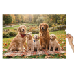 Golden Retriever Family Autumn Jigsaw Puzzle in Tin featuring dogs on blanket in park with colorful autumn leaves.