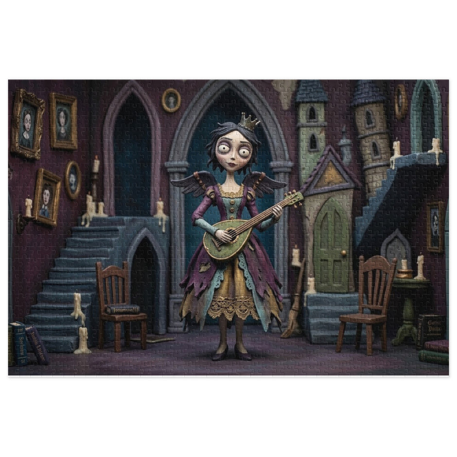 Gothic Angel Music Room Jigsaw Puzzle in Tin showing a gothic angel with a string instrument in a candlelit, vintage setting.