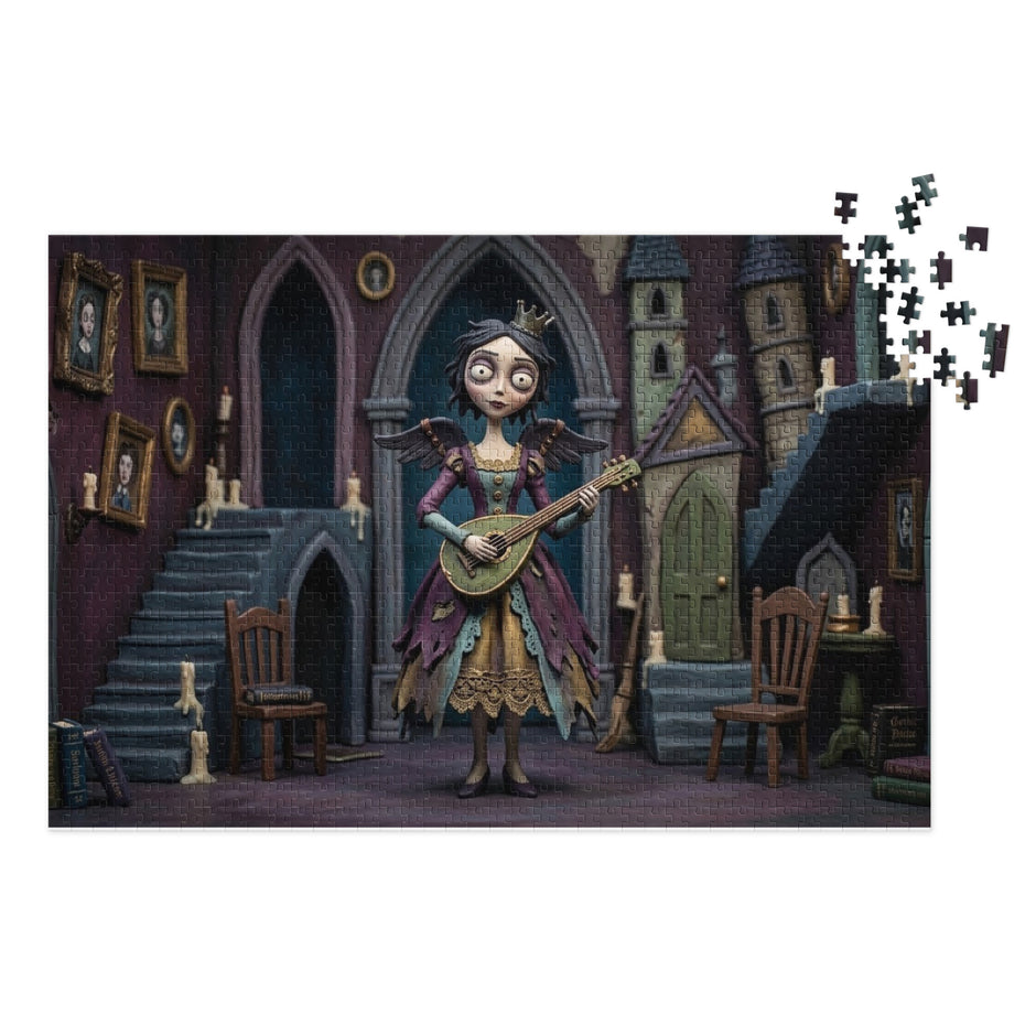 Gothic Angel Music Room Jigsaw Puzzle in Tin featuring a gothic-style angel in candlelit room with vintage portraits and staircases