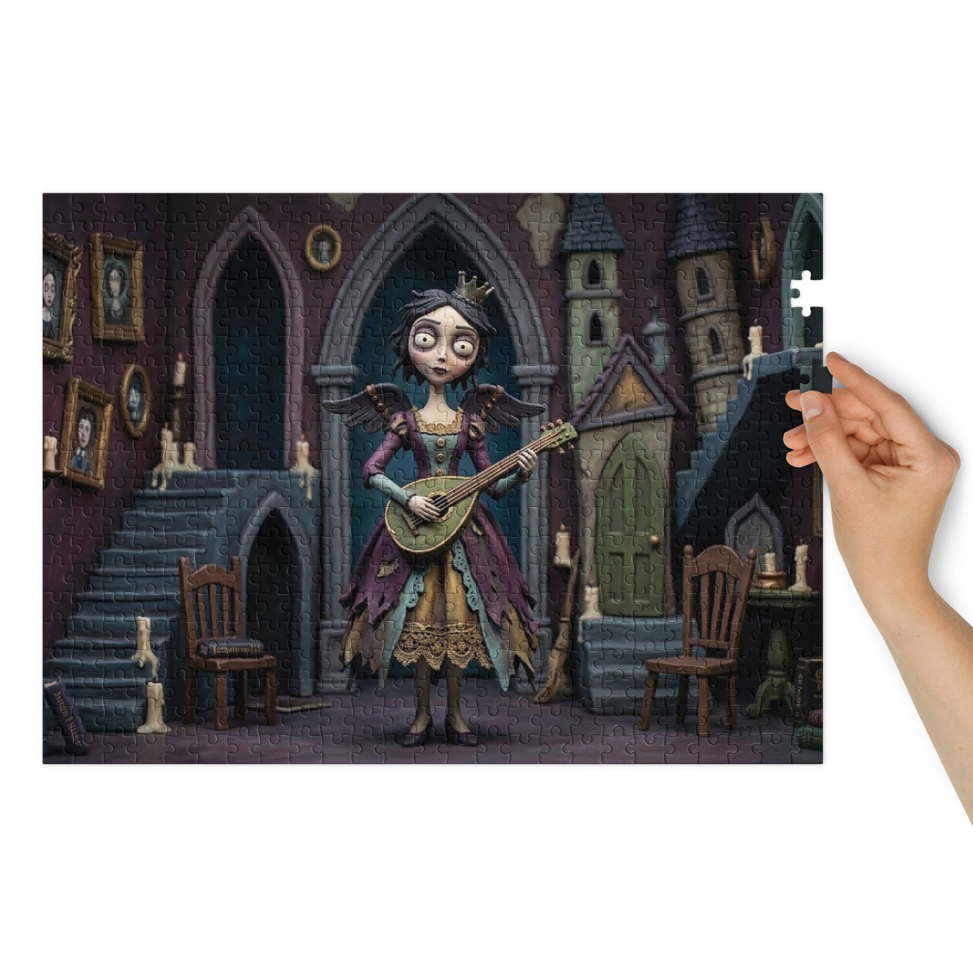 Gothic Angel Music Room Jigsaw Puzzle in Tin featuring a gothic angel with a string instrument in a candlelit room.