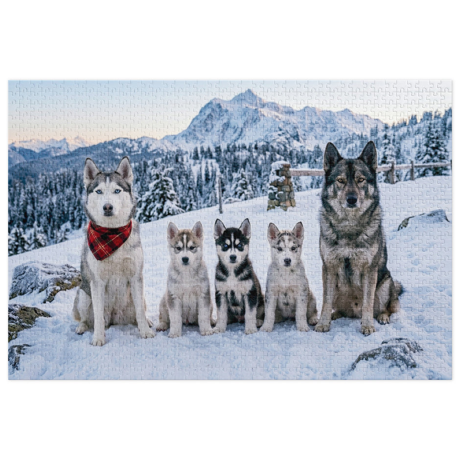 Husky Family Winter Jigsaw Puzzle in Tin with huskies in snow and mountains.