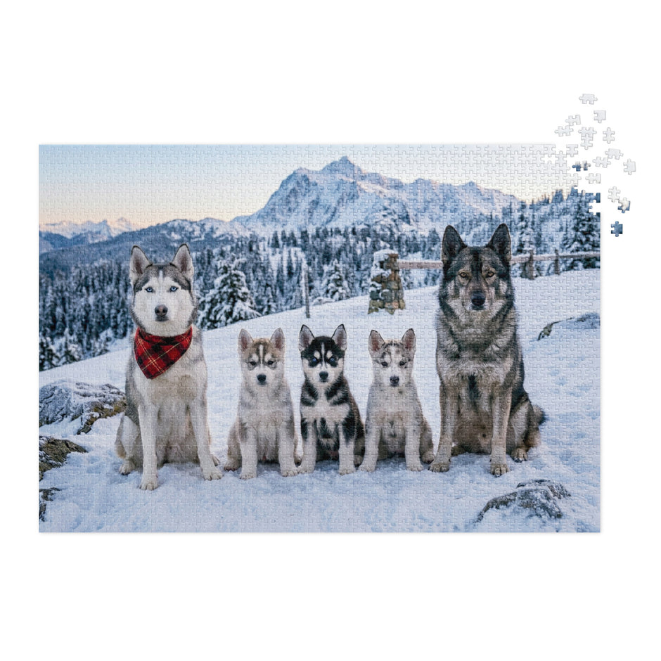 Husky Family Winter Jigsaw Puzzle in Tin featuring a husky family in a snowy mountain scene, perfect for winter puzzle enthusiasts.