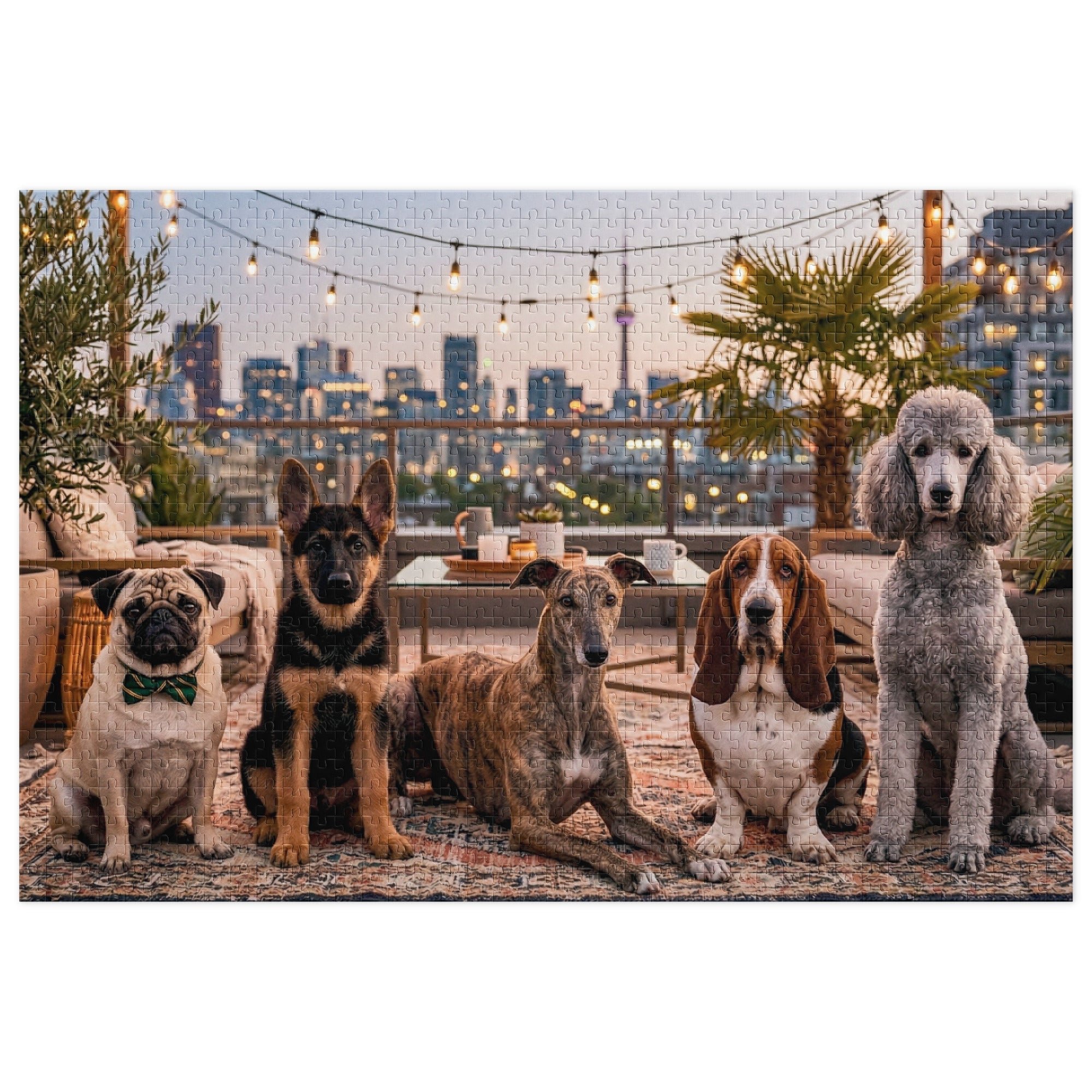 Pug, German Shepherd, Whippet, Basset Hound & Poodle Jigsaw Puzzle in Tin with city skyline and sunset backdrop