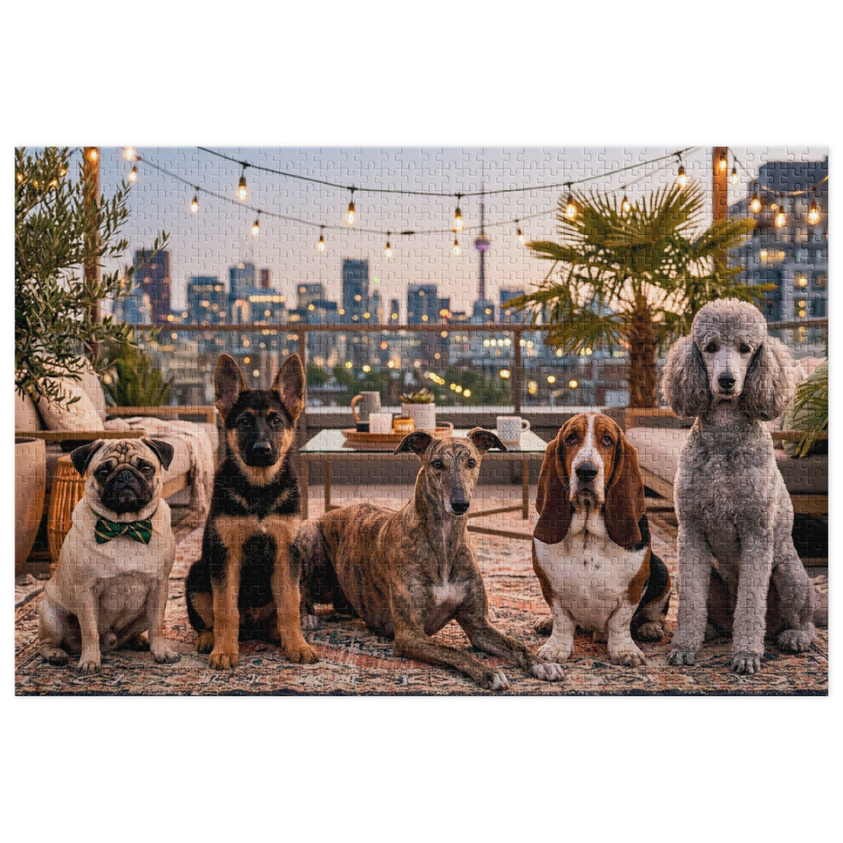 Pug, German Shepherd, Whippet, Basset Hound & Poodle Jigsaw Puzzle in Tin with city skyline and sunset backdrop