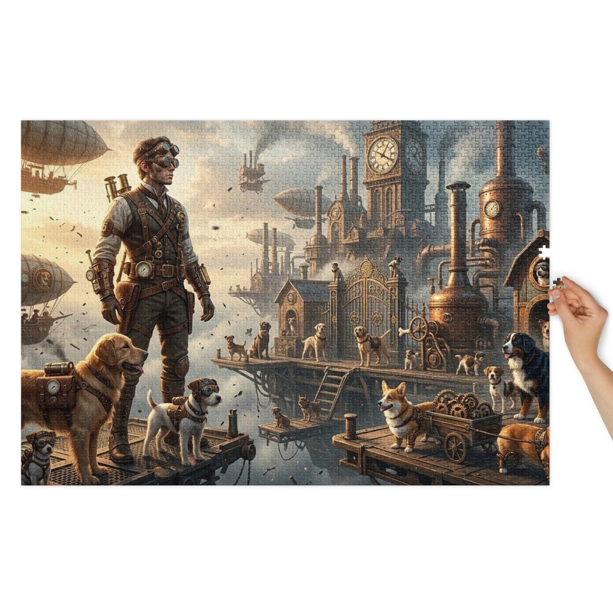 Dog Heaven Jigsaw Puzzle in Tin featuring steampunk cityscape with explorer and dogs