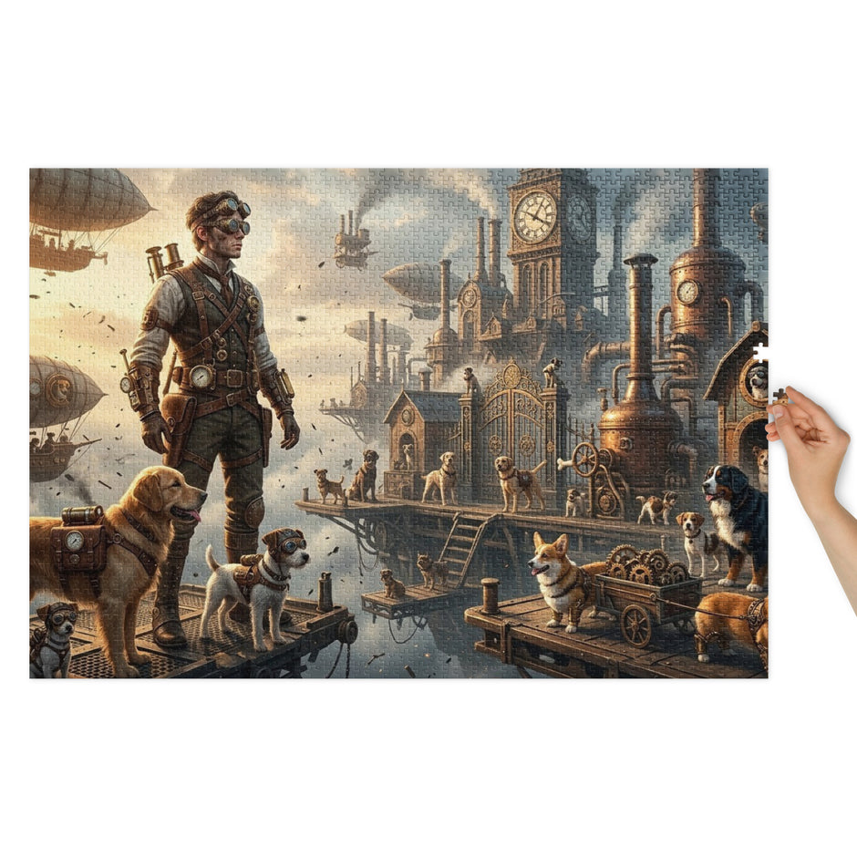 Dog Heaven Jigsaw Puzzle in Tin featuring steampunk cityscape with explorer and dogs