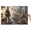 Dog Heaven Jigsaw Puzzle in Tin featuring steampunk cityscape with explorer and dogs