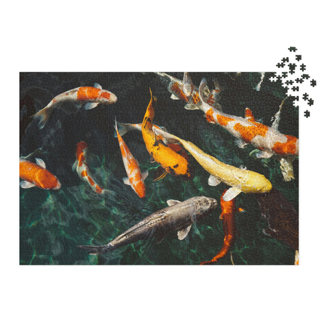 Koi Fish Pond Harmony Puzzle Tin Edition with colorful koi swimming in clear water, showcasing gold, white, orange, and black patterns