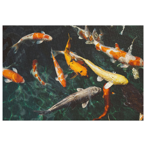 Koi Fish Pond Harmony Puzzle Tin Edition puzzle featuring vivid koi fish in clear water.