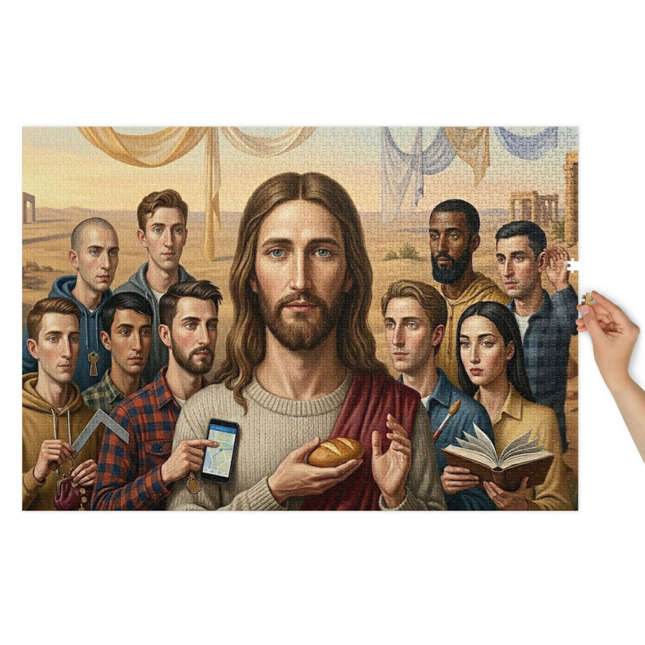 Modern Messiah Jigsaw Puzzle in Tin showing a reimagined figure in a symbolic desert scene with modern people and ancient ruins.