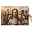 Modern Messiah Jigsaw Puzzle in Tin showing a reimagined figure in a symbolic desert scene with modern people and ancient ruins.