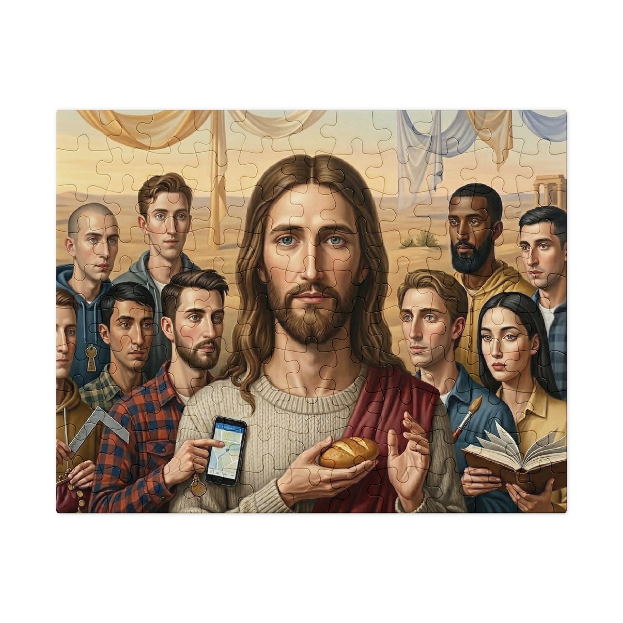 Modern Messiah Jigsaw Puzzle in Tin with symbolic imagery blending ancient and modern themes, featuring a central figure and diverse characters.