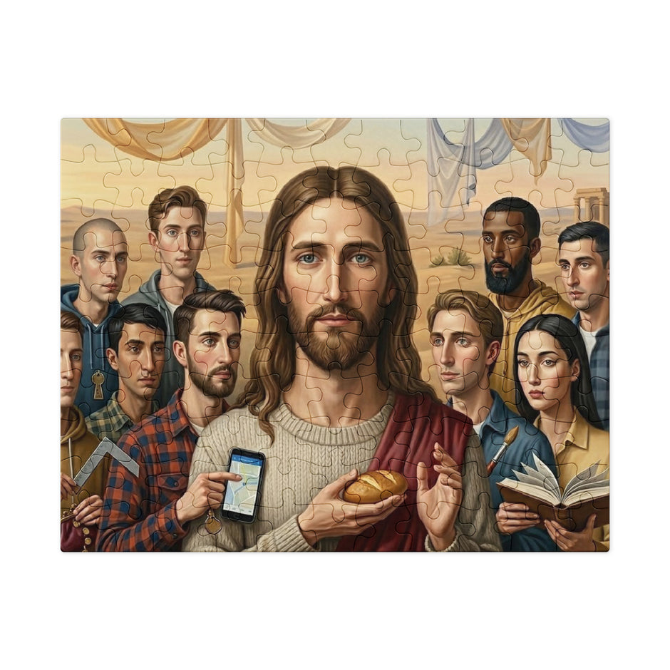 Modern Messiah Jigsaw Puzzle in Tin with symbolic imagery blending ancient and modern themes, featuring a central figure and diverse characters.