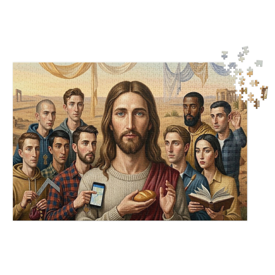 Modern Messiah Jigsaw Puzzle in Tin depicting symbolic desert scene with reimagined central figure and modern objects.