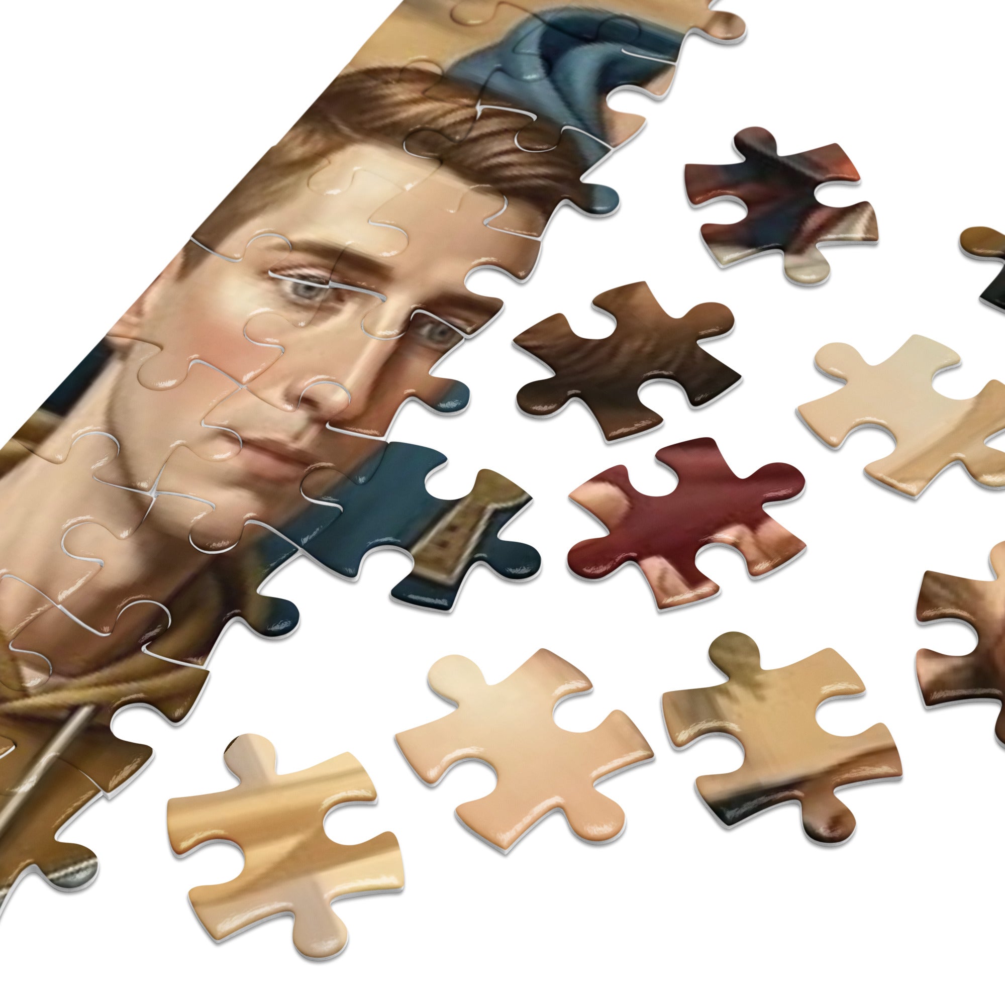 Modern Messiah Jigsaw Puzzle in Tin with detailed artwork depicting a symbolic desert scene and reimagined figure.