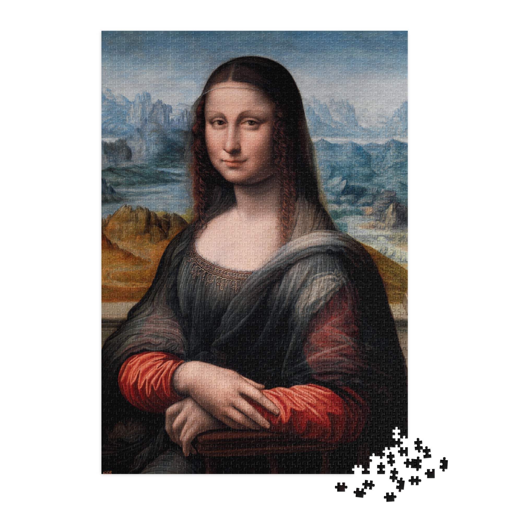 Mona Lisa by Leonardo da Vinci Puzzle in Tin featuring iconic Renaissance artwork, available in multiple sizes, glossy finish