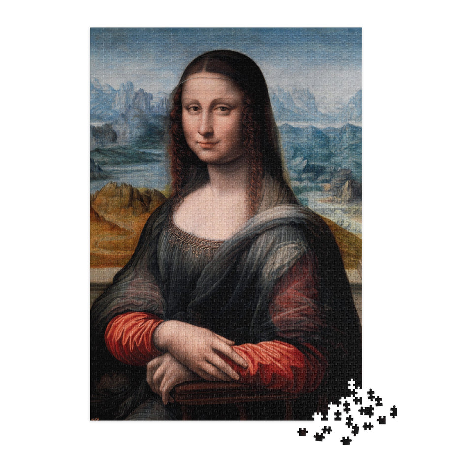 Mona Lisa by Leonardo da Vinci Puzzle in Tin featuring iconic Renaissance artwork, available in multiple sizes, glossy finish