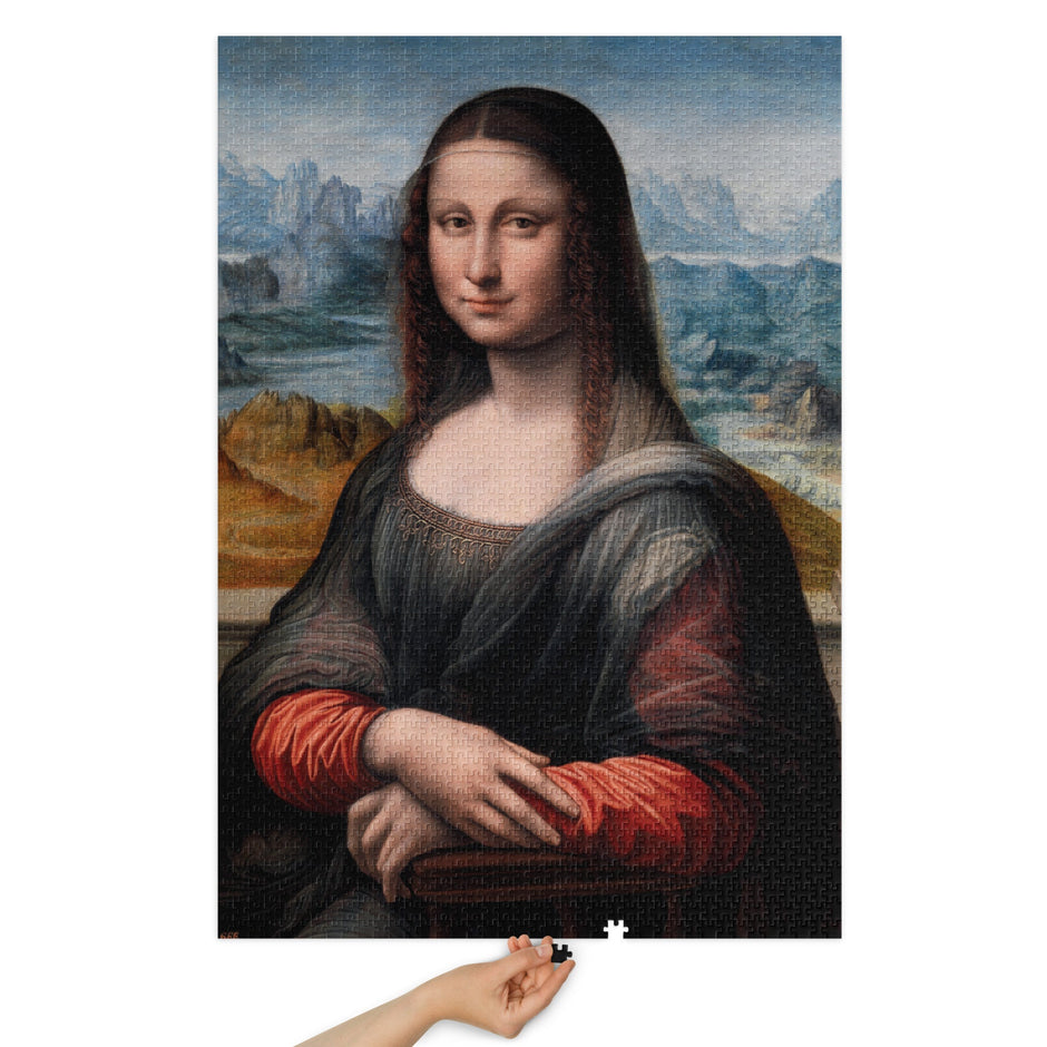 Mona Lisa by Leonardo da Vinci Puzzle in Tin, featuring iconic artwork on a glossy jigsaw with a smooth finish and white metal tin box.