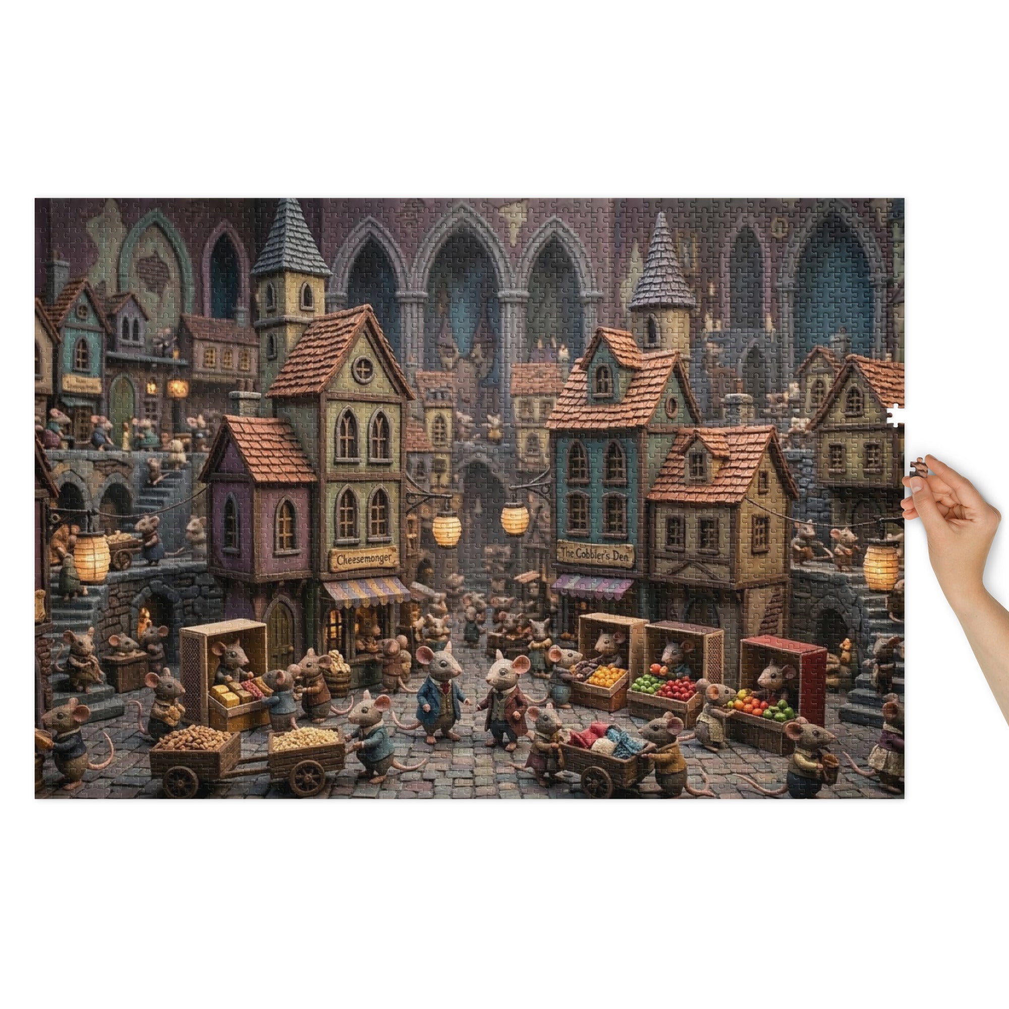 Mouse Market Town Jigsaw Puzzle in Tin featuring a vibrant mouse village with market activity and charming cottages, housed in a tin.