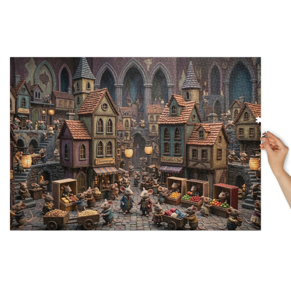 Mouse Market Town Jigsaw Puzzle in Tin featuring a vibrant mouse village with market activity and charming cottages, housed in a tin.