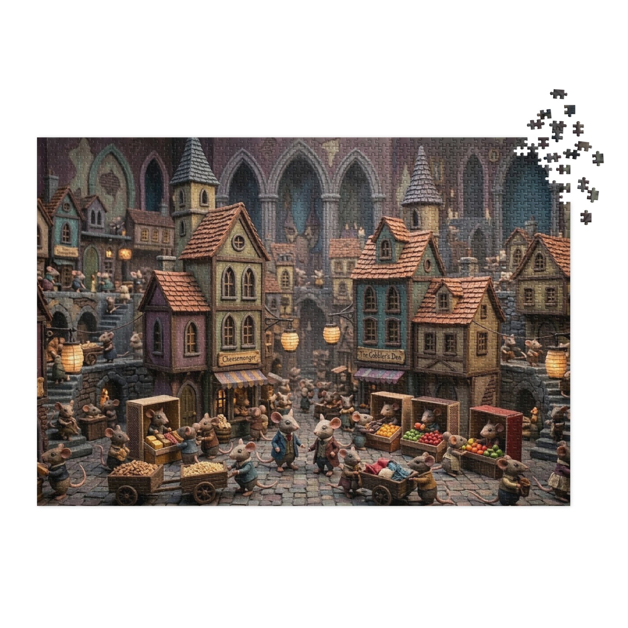 Illustrated scene of a cozy Mouse Market Town Jigsaw Puzzle in Tin, featuring quaint shops and mice in a vibrant market square.
