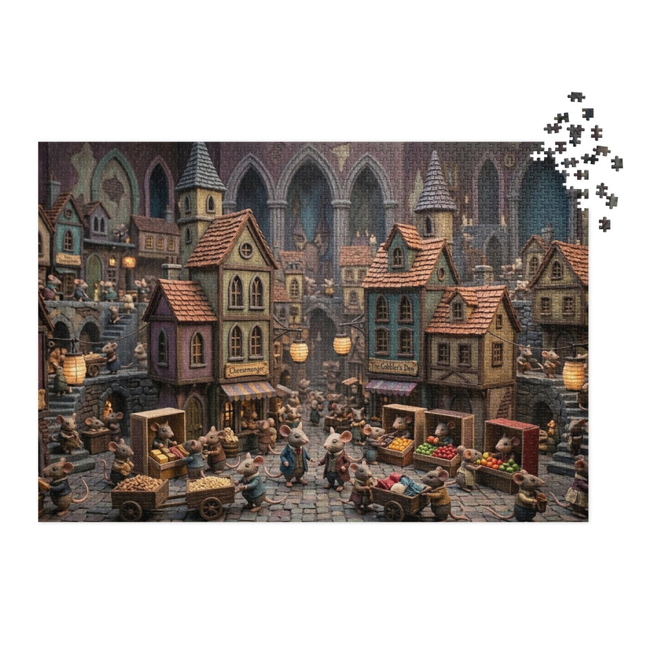 Illustrated scene of a cozy Mouse Market Town Jigsaw Puzzle in Tin, featuring quaint shops and mice in a vibrant market square.