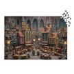 Illustrated scene of a cozy Mouse Market Town Jigsaw Puzzle in Tin, featuring quaint shops and mice in a vibrant market square.