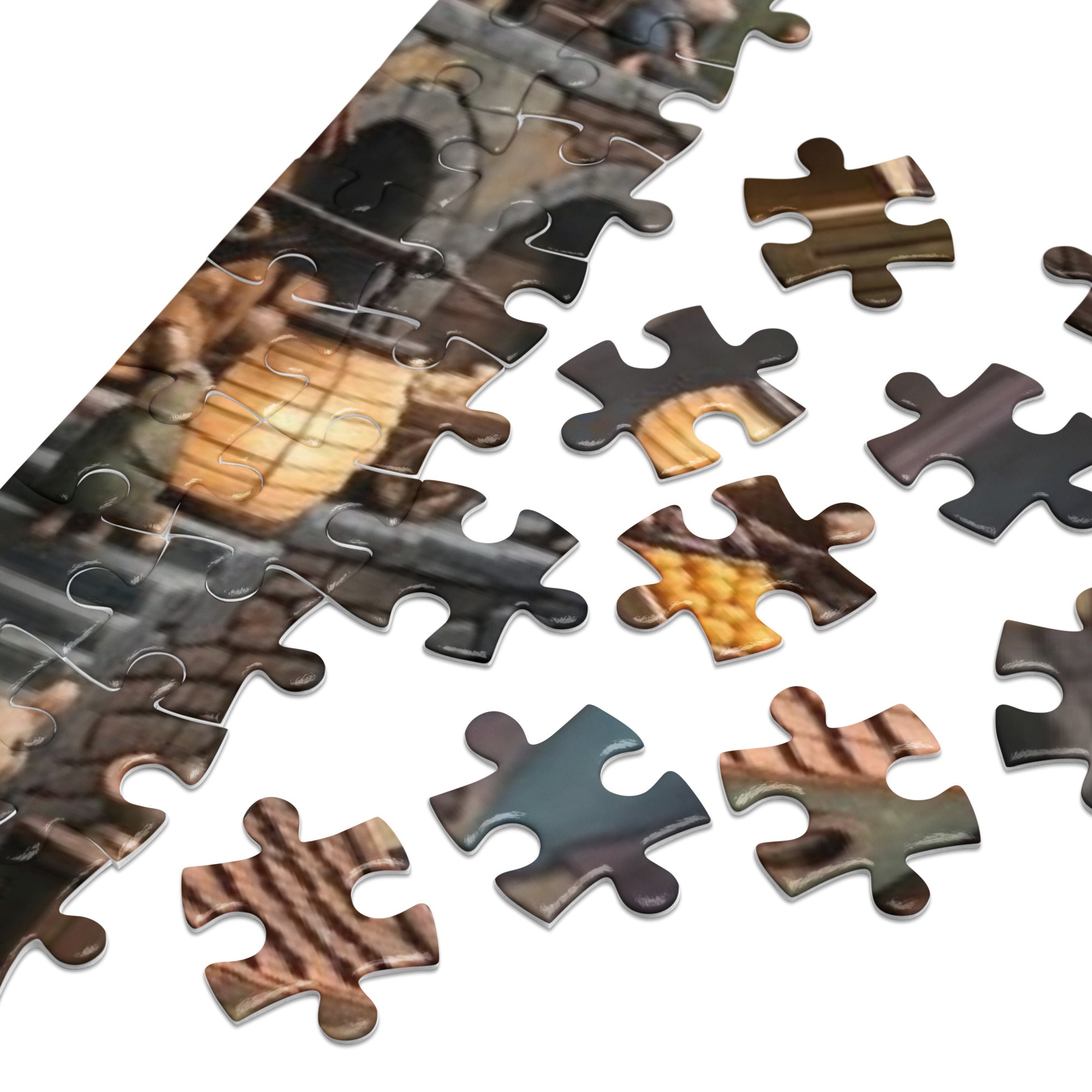 Mouse Market Town Jigsaw Puzzle in Tin pieces close-up showing cozy market square and glowing lantern details.